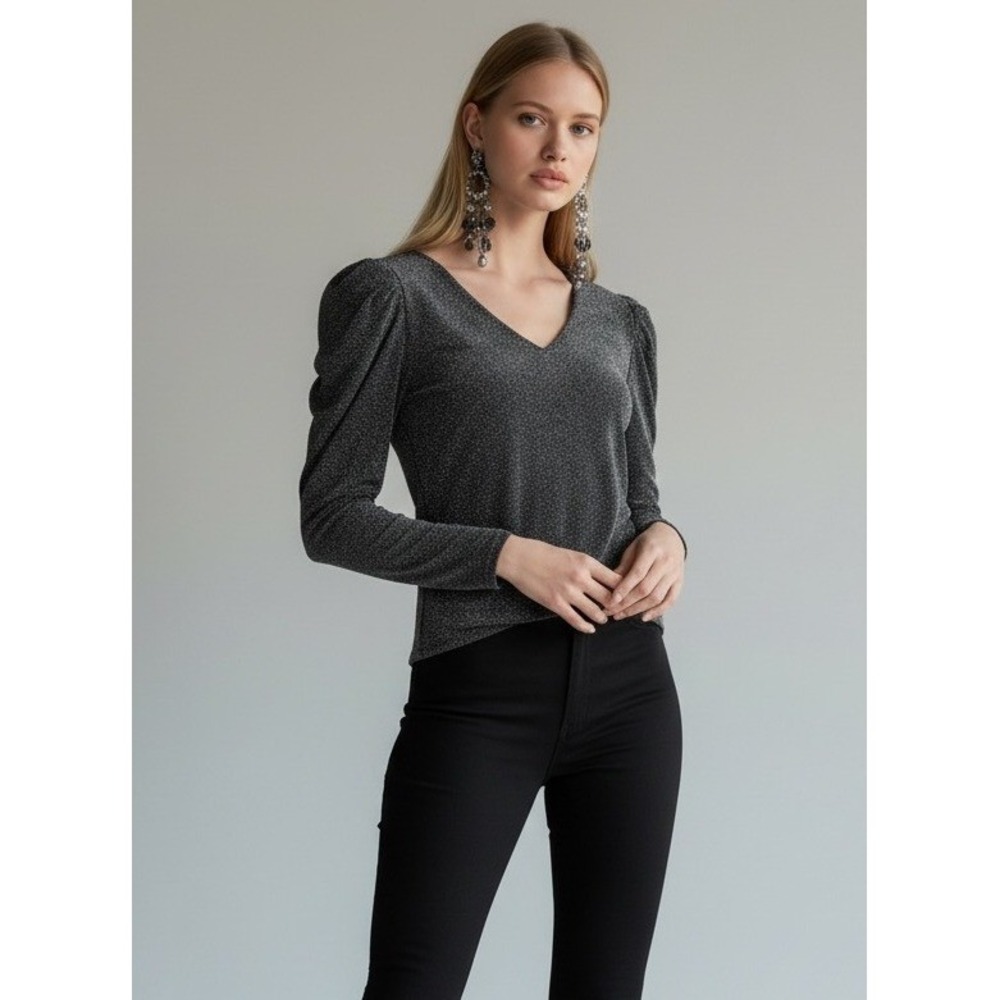 White House Black Market Metallic Puff Sleeve V-Neck Top Black Silver XS Holiday